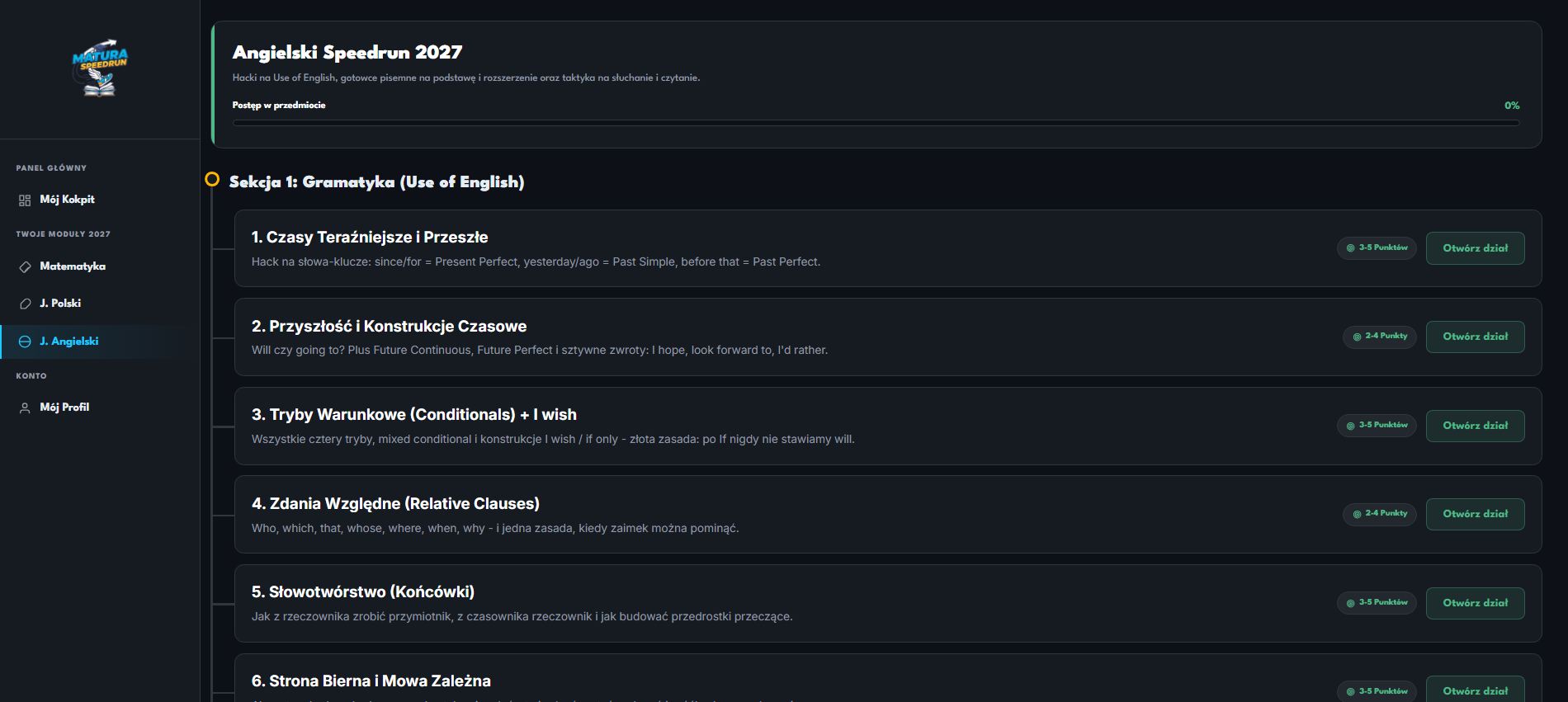 Panel główny, lista działów w Język Angielski Speedrun