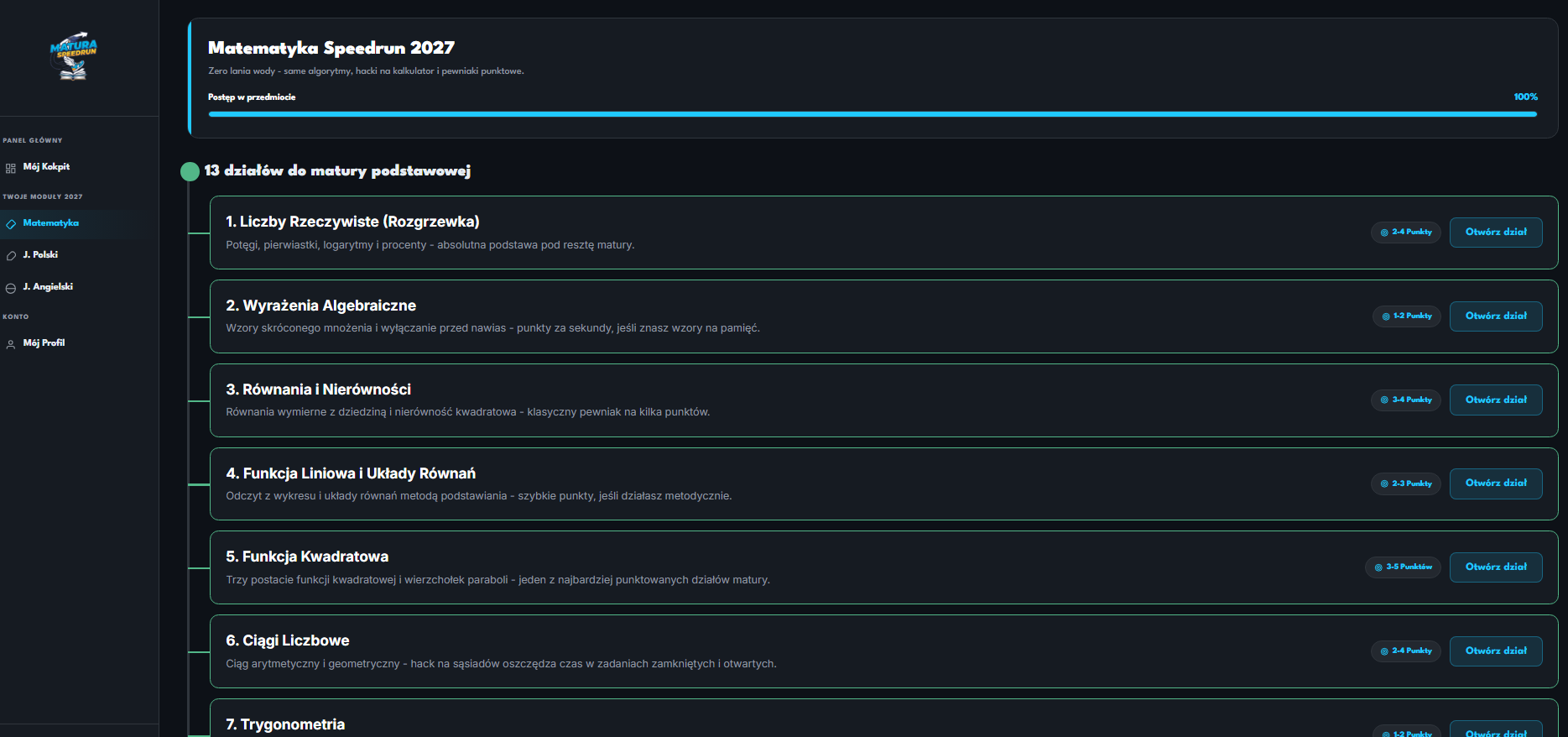 Panel główny, lista działów w Matematyka Speedrun